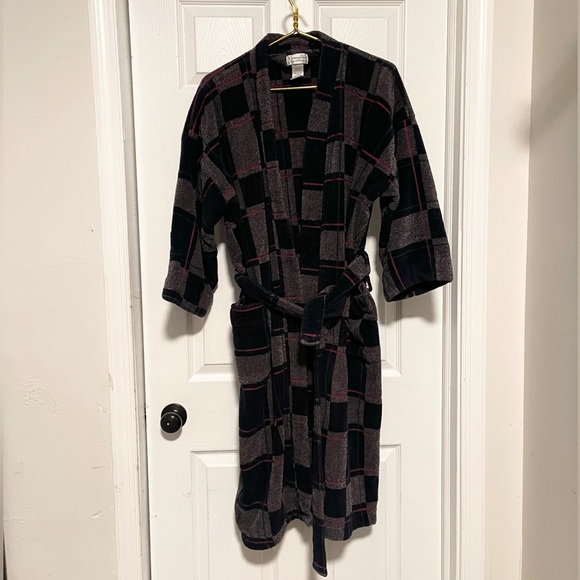 VTG Christian Dior terry cloth 100% cotton bath robe plaid men’s with belt! - Picture 8 of 9
